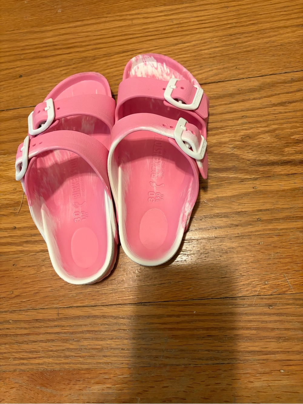 Birkenstock Pink Double-Buckle Kids Slide Sandals with White Accents